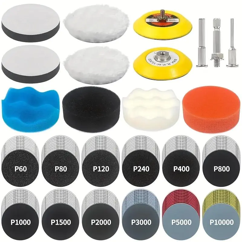Polishing and drilling kit, dry and wet headlight repair kit, with water sandpaper, latex paper, magic tape, sandpaper polishing pad, equipped with rotating tool