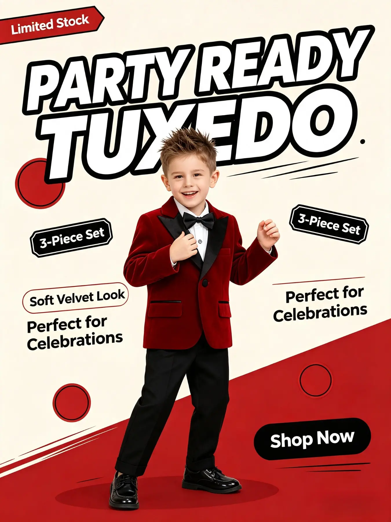 Boys' 3-piece velvet dress set: blazer, trousers & tie. 4 colors: burgundy, coffee, purple, black. Fits boys 100–170cm. Ideal for birthdays, stage performances and other formal events. Shirt not included.