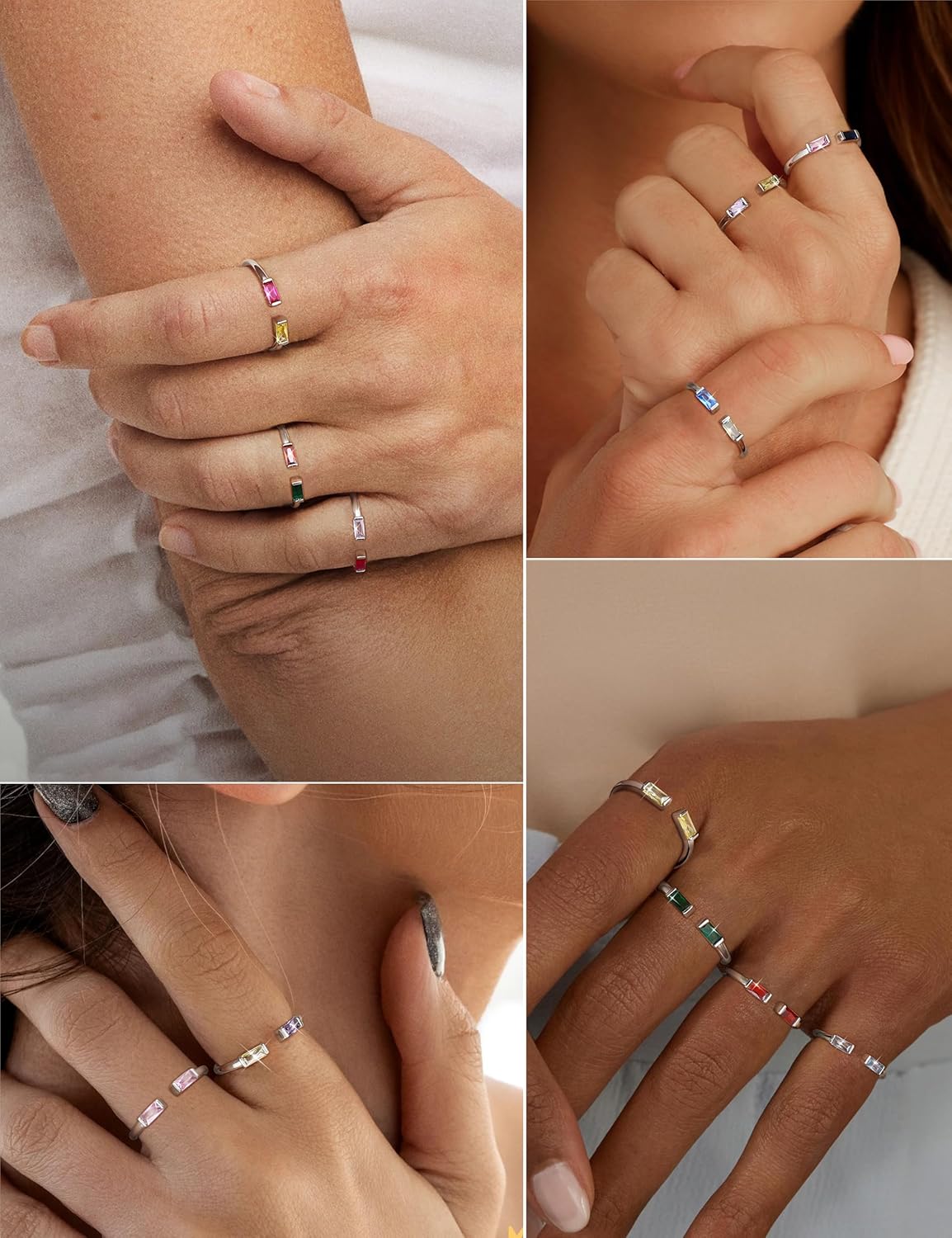 S925 Sterling Silver Birthstone Rings for Women Non Tarnish Dainty Stackable Rings Adjustable Emerald Green Gemstone Baguette CZ Wedding Engagement Promise Ring for Her Birthday Jewelry Gifts