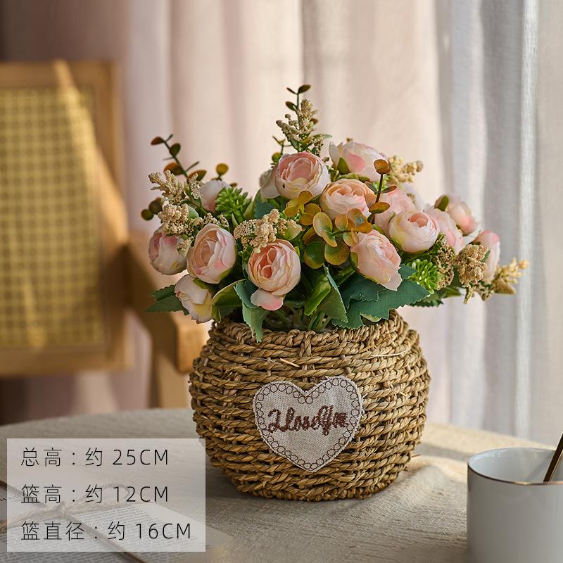 Rose & Sunflower Arrangement with Woven Grass Basket, Faux Floral Decor for Living Room & Dining Table White Babys Breath Bouquet