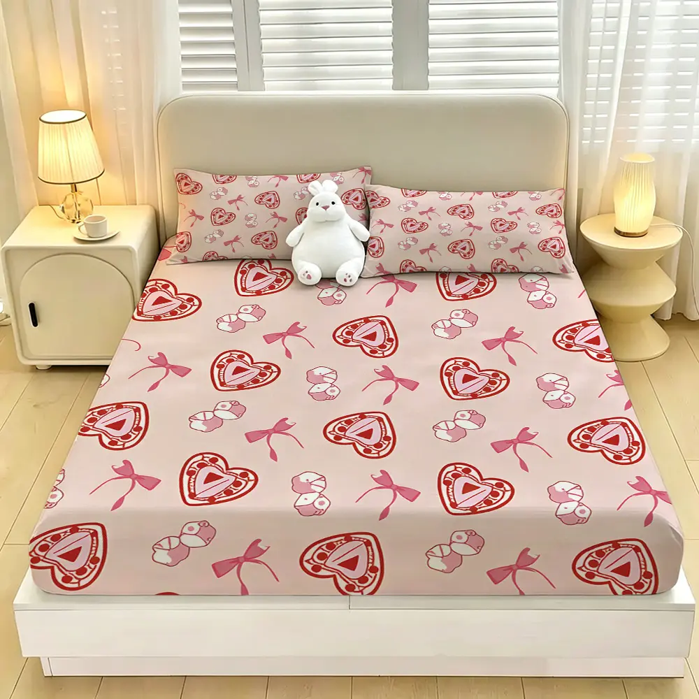 A 3-piece digital-printed bedding set with a pink heart and bow tie pattern, including 1 bedding cover and 2 pillowcases, without a filling. The bedding cover is soft and comfortable, with a deep pocket design, and it's perfect as a gift