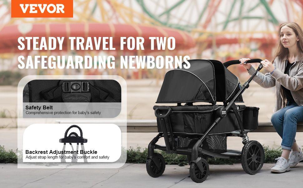 VEVOR All-Terrain Stroller Wagon, 2 Seats Foldable Expedition 2-in-1 Collapsible Wagon Stroller, Includes Canopy, Parent Organizer, Snack Tray & Cup Holders, 55lbs for Single Seat, Black