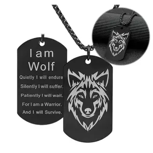 Stainless Steel Wolf Dog Tag Necklace, Norse Fenrir Wolf Pendant Amulet with Inspirational Words, Viking Nordic Warrior Jewelry for Men Fans