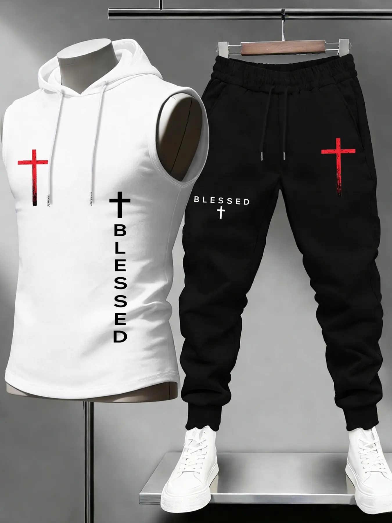 2 Piece Men Matching Outfit, Jogging Set Sleeveless Drawstring Hooded Tank Top Elastic Cuffed Jogger Pants Cross Blessed Vertical Letter Chest Side Graphic Print Loose Faith Streetwear Tracksuit For Daily Casual