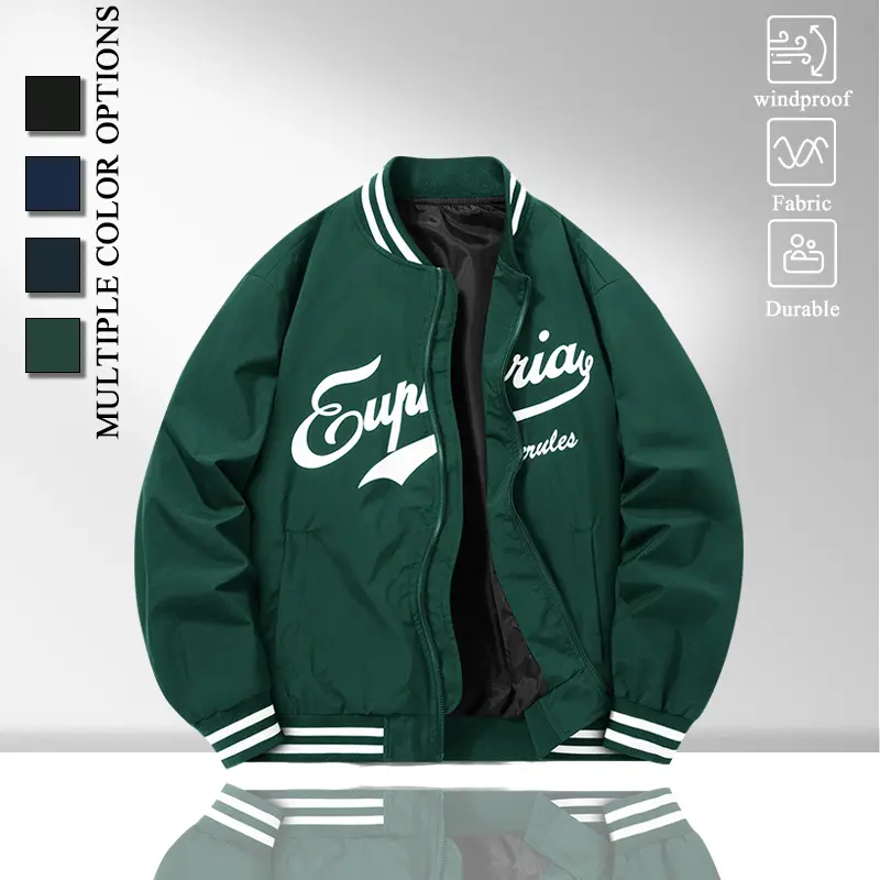 Men Striped Rib Collar Baseball Windbreaker Jacket, Front Cursive Letter Graphic Print Full Zip Wind Coat, Dual White Stripe Cuff & Hem Windproof Outerwear for Daily Street Casual Outfits, 4 Solid Color Options