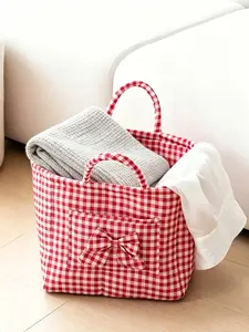 Large capacity floral quilted storage basket with plaid lining and multi-purpose organizer to store makeup, toiletries and daily essentials, perfect for bedrooms, bathrooms, offices and travel