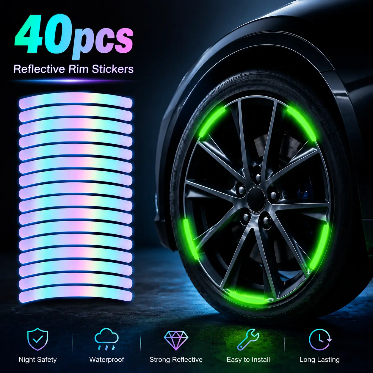 40Pcs Reflective Wheel Hub Stickers, Night Warning Tire Rim Safety Decals, Universal Reflective Stripe Tape for Cars, Motorcycles, Bikes, Scooters, Night Driving, Riding, Road Visibility and Wheel Decoration