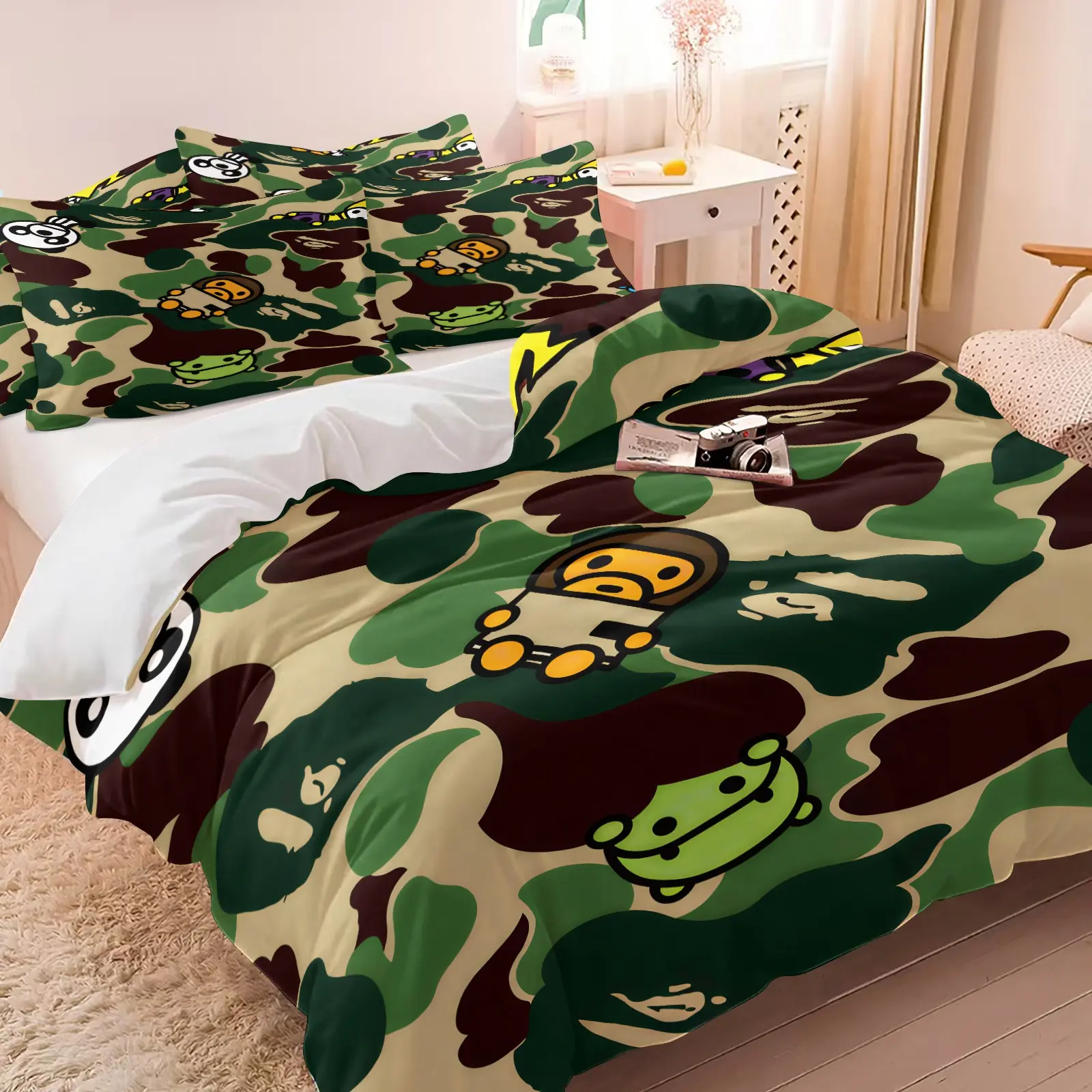 3PCS Cartoon Character Camo 3-Piece Duvet Cover Set, Decorative Duvet Cover, Ultra-Soft Comfortable Microfiber Bedding with 1/2 Pillowcases (No Insert), Cute Streetwear Bedding for Kids Teens Bedroom Decor