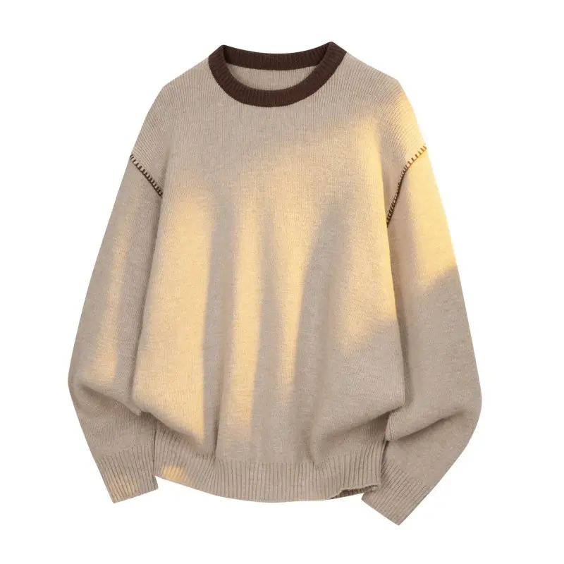 Men's Color Block Round Neck Long Sleeve Knit Pullover - Menswear Knitwear Acrylic Blend Jumper with Contrast Stitch Shoulder Seams, Soft Casual Base Layer for Autumn Winter