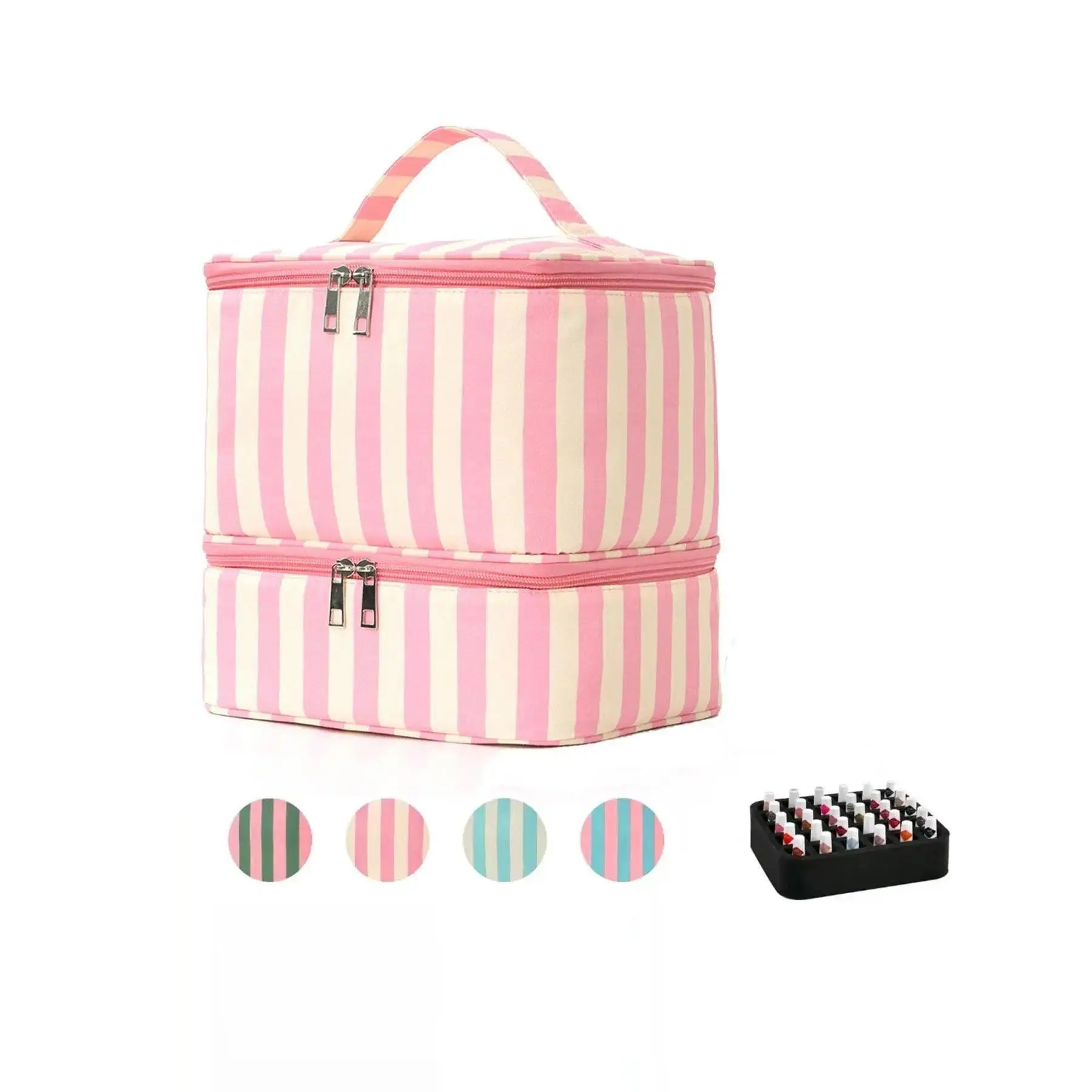 Pink Beige Striped Double-Layer Makeup Bag with Handle Carry, Large-Capacity Rectangular Storage Organizer (One Size) for Camping-Hiking Travel, Women’s Portable Nail Polish & Toiletry Case for Outdoor Use