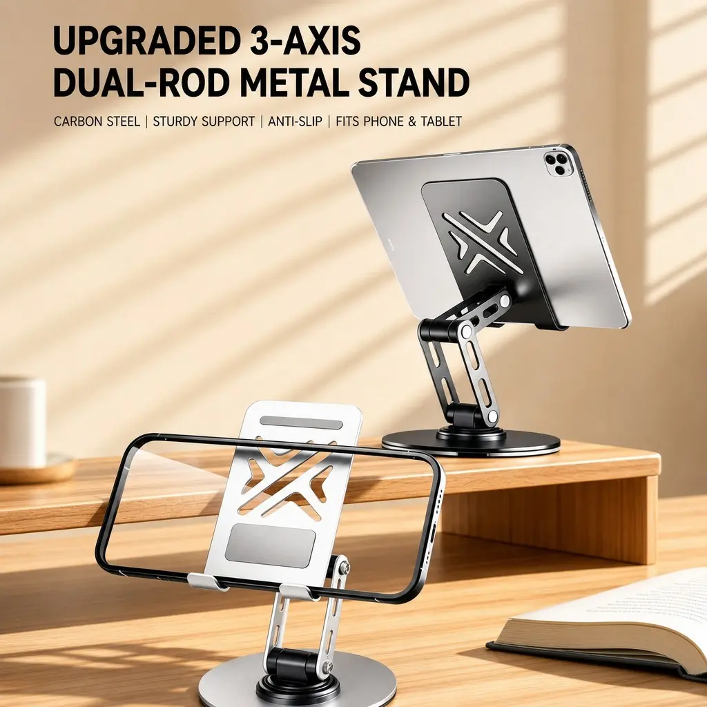 Three-Axis Dual Fold Alloy Phone Stand, Tablet Holder, 360° Rotation, Multi-Angle Adjustment, Anti-Tilt Base, Hollow Cooling Design, Desktop Use