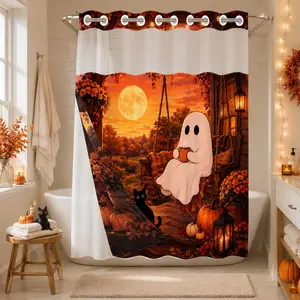 1Pc Hookless Double Layer Shower Curtain, Cozy Ghost Autumn Porch Black Cat Pumpkin Moon Print Halloween Fall Bathroom Decor, Waterproof Mildew Resistant Washable Fabric, Removable Snap-in Liner, Top See-Through Window, For Apartment, Guest Bath, RV