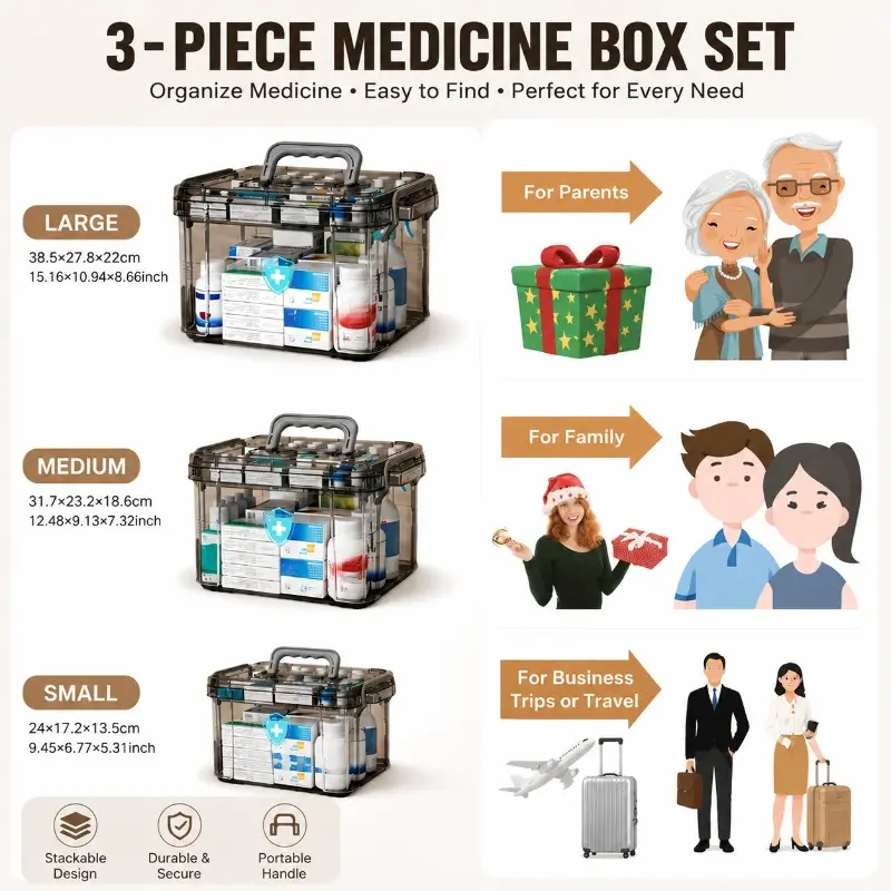 Medicine Storage Box Transparent Large Capacity Double 2-Layer Detachable with Handle Supply Organizer