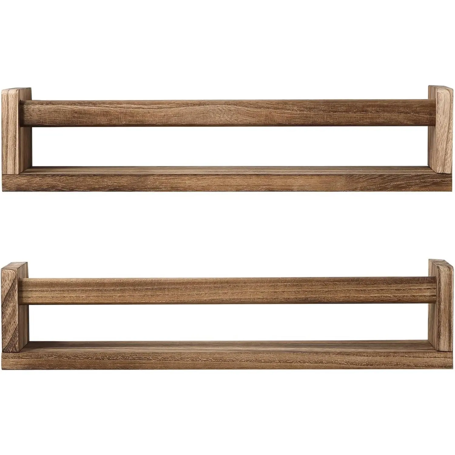 Nursery Book Shelves, Set of 2 Wood Floating Book Shelves for Kids Room, Kitchen Spice Rack, or Rustic Wall Mounted Shelves for Farmhouse Bathroom Décor (carbonized)