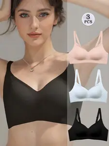 3pcs Women's Bra Set, Wireless Push-Up Bras, Seamless Lifted Support, Adjustable Soft Cup, Rear Ruching Design, Comfortable Fit