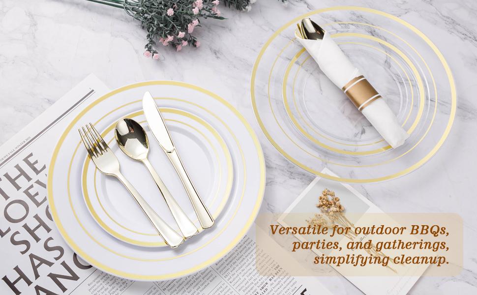 GOODLUCK 175PCS Clear Gold Plastic Dinnerware Set Disposable Party Plates for 25 Guests Includes 50 Plates 25 Pre Rolled Napkins with Silverware 25 Cups Dessert Plate Christmas Disposable Gold Cutlery