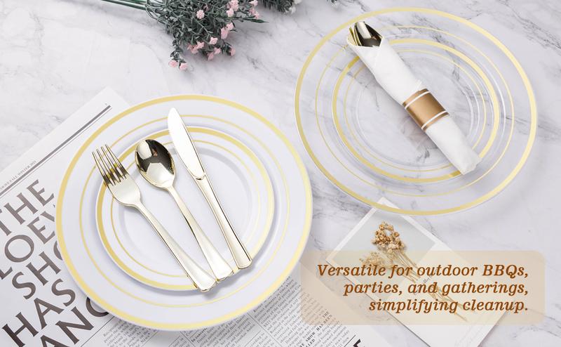 GOODLUCK 175PCS Clear Gold Plastic Dinnerware Set Disposable Party Plates for 25 Guests Includes 50 Plates 25 Pre Rolled Napkins with Silverware 25 Cups Dessert Plate Christmas Disposable Gold Cutlery