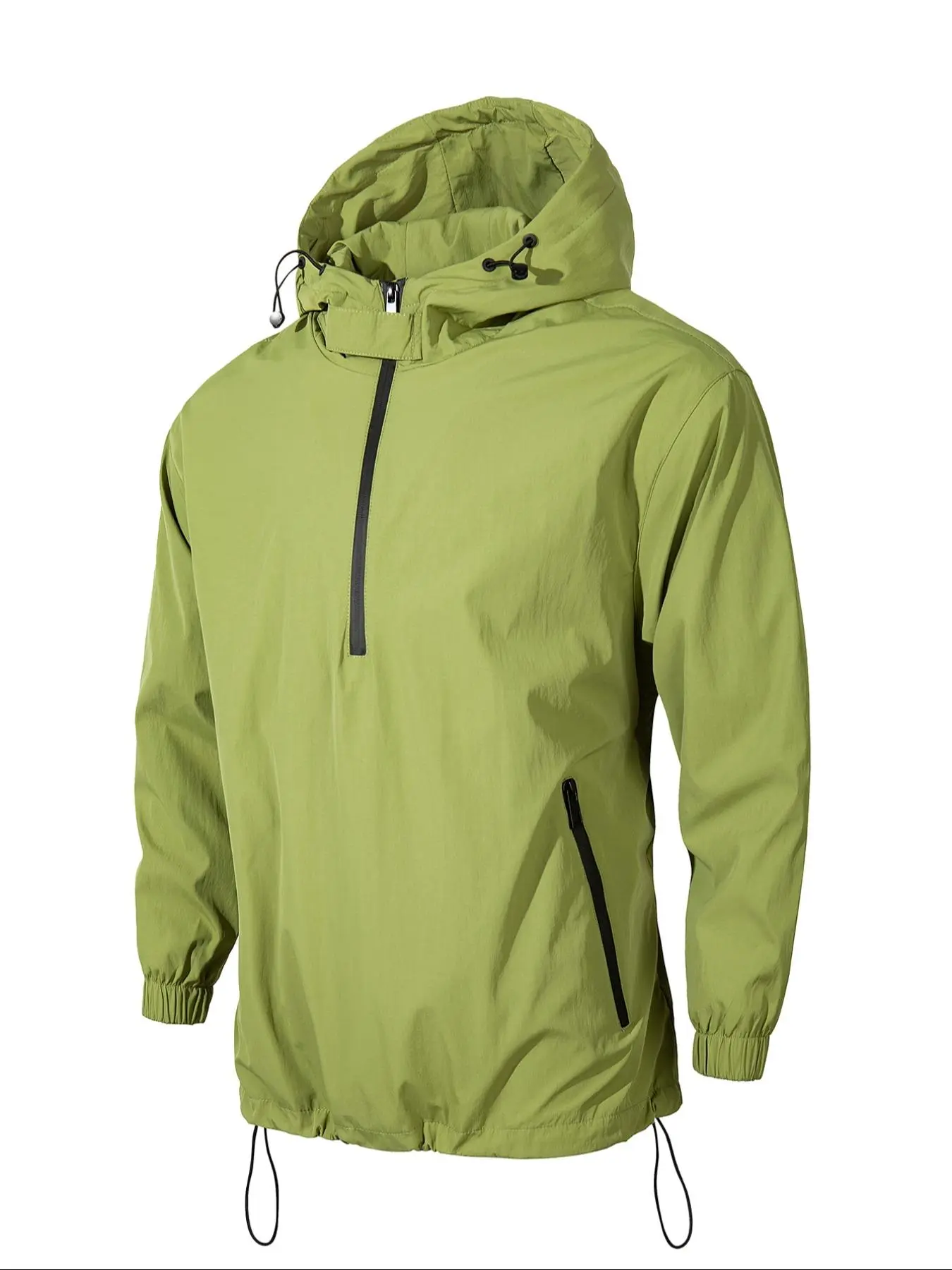 Men's Solid Color Drawstring Half Zip Hooded Jacket, Casual Long Sleeve Windproof Waterproof Pullover for Spring & Fall, Fashion Men's Clothing for Daily Wear