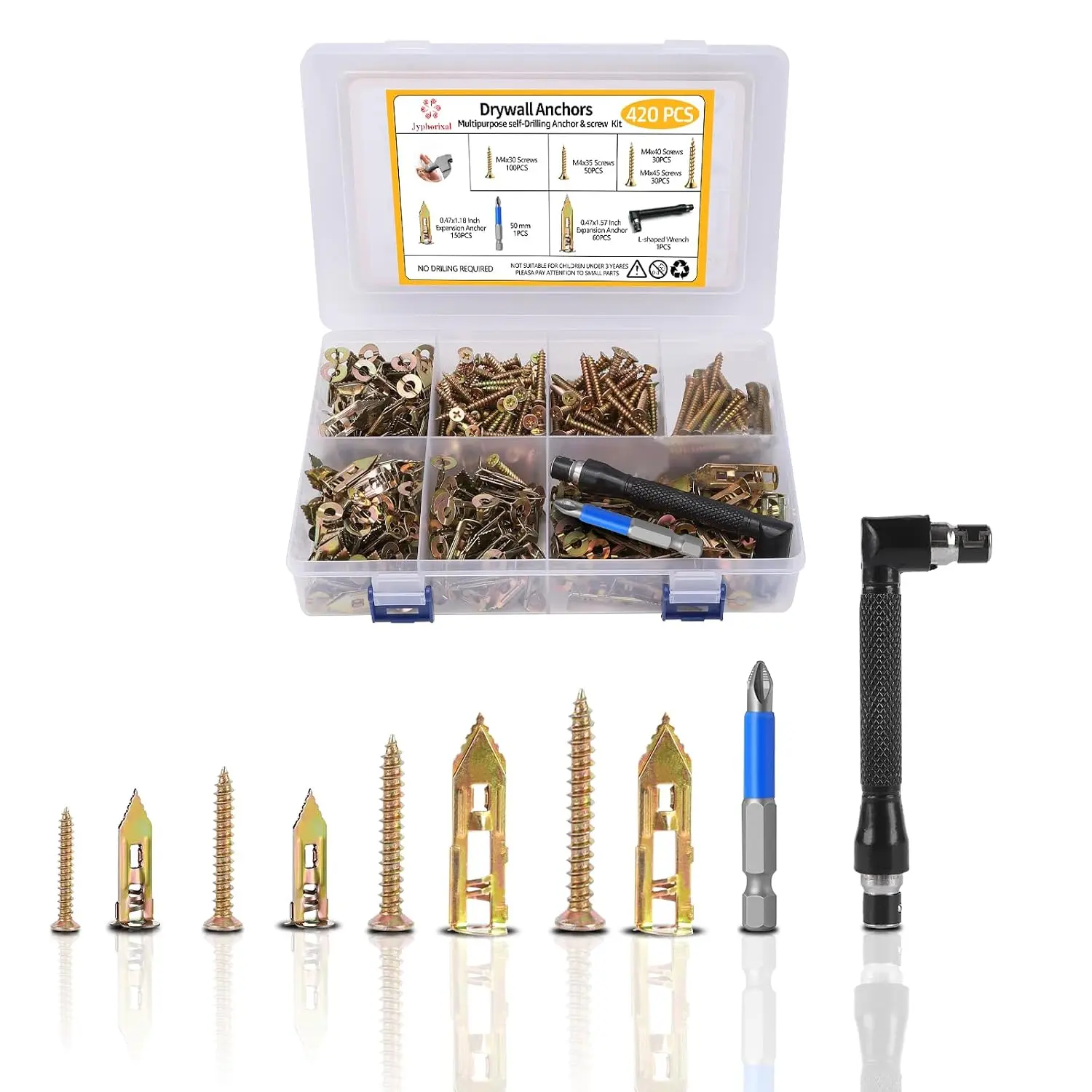420Pcs Self Drilling with Screws Kit,Zinc Plated,4 Sizes Expansion Screws and 2 Sizes Wall,No Dry Wall and Screws Kit