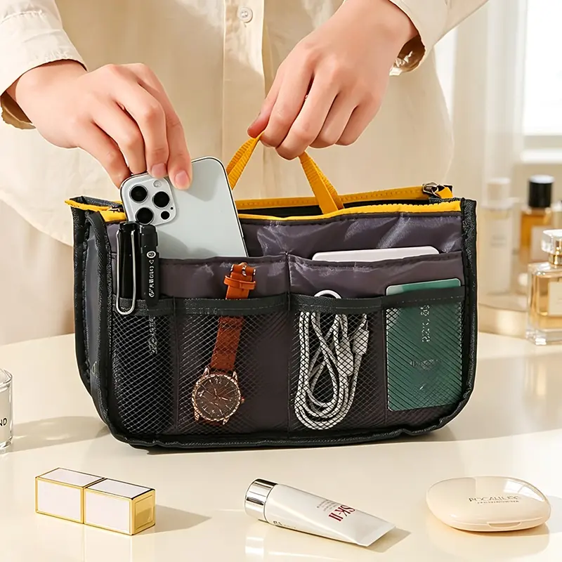 Korean Style Multi-Functional Inner Bag with Double Zipper, Medium Travel Organizer with Large Capacity and Compartments