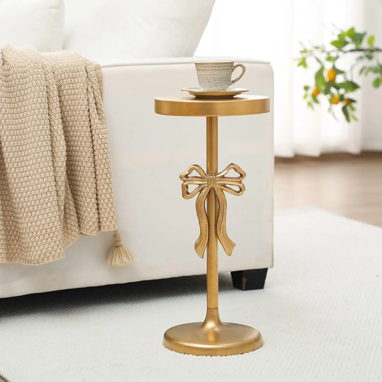 Gold Metal Martini Drink Table 9''x19.5'' Bow Pedestal Side Table Round Martini End Desk Small Cocktail Drink Stand for Small Spaces Nightstand Bedroom Couch Chair Vintage Decor