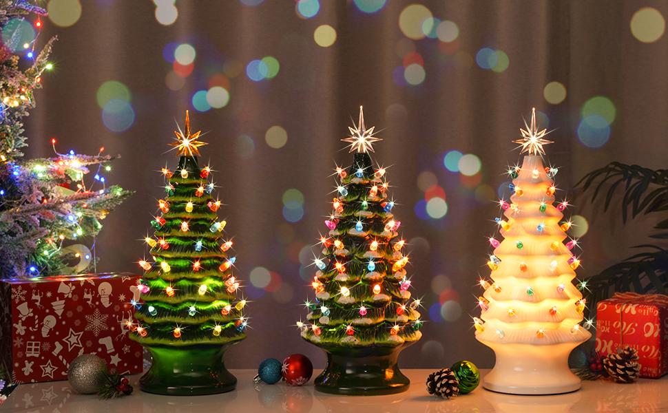 Table Top Christmas Tree, Hand Painted Resin Christmas Tree with Lights, Pre-lit Xmas Tree Decor Lighted Tabletop Decoration with Multicolored LED Bulbs, Ceramic-Like Finish Ornaments Green