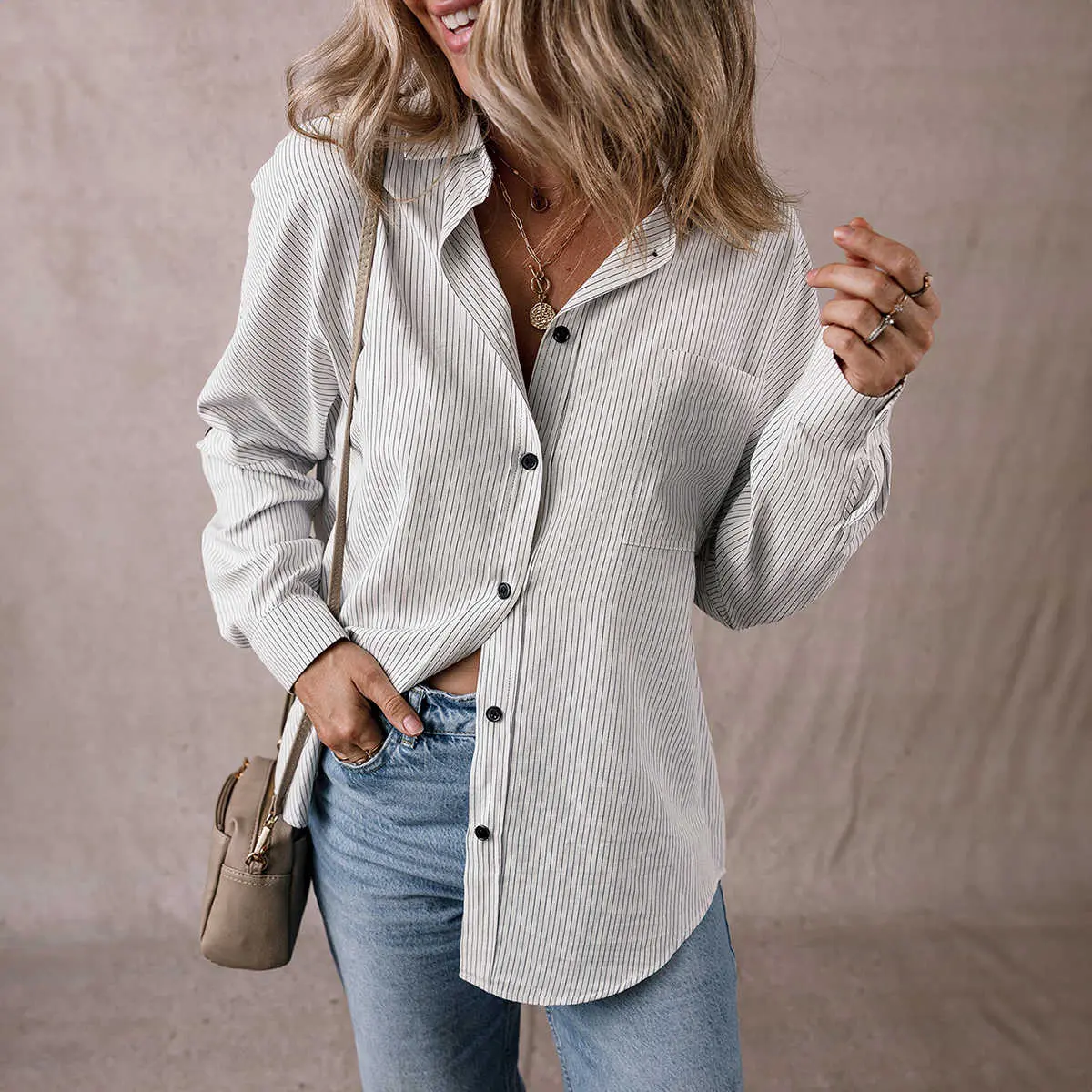 Women's Striped Button-Down Long Shirt, Roll-Tab Sleeve Pocketed Casual Tunic Blouse