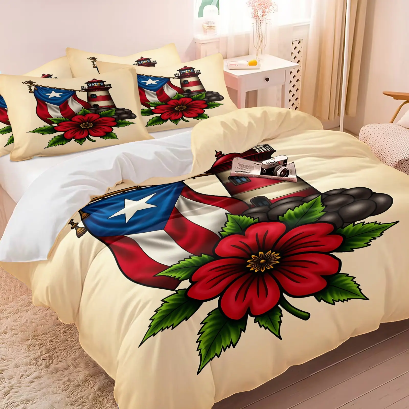 Puerto Rican Lighthouse American Style Vintage Tattoo Style Duvet Cover Set & 1-2 Coreless Pillowcases-Warm Beige Base with Flag, Lighthouse, Hibiscus-Soft Comfortable Bedding, Retro Bedroom Decor