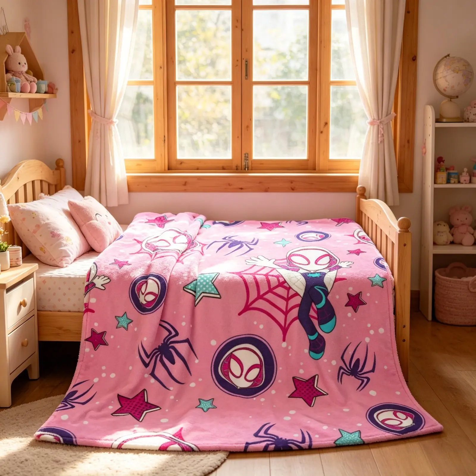 Ghost Spider Gwen Inspired Cartoon Flannel Blanket Superhero Anime Style Soft Cozy Lightweight AC Throw Blanket Kids Teens Adults Sofa Bed Bedroom Living Room Office Travel Camping Movie Night Home Decor Gift Birthday Christmas Viral Hero Blanket