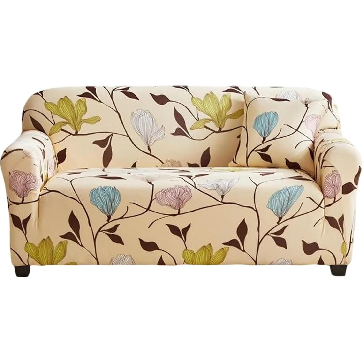 Sofa Cover Elastic Seat Cover L-Couch Cover Recliner Chaise Chair Cover 1/2/3/4 Seat (Beige Flowers, 3 SeatSize 73-90inch)