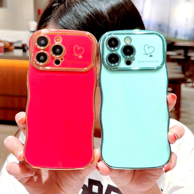 OREKROY [FreeShip] Cute Wave Shape with Love Heart Raised Camera Protection Phone case For iPhone 16 15 14 13 1211 Pro Max Accessories Durable Silicone Shiny Silicone Shiny Wavy