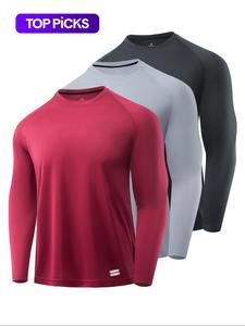 men's solid round neck long sleeve sports tee, breathable athletic quick drying crew neck t-shirt, active wear, casual sporty clothing for gym workout running, gym tops, gym wear,  men's t shirts
