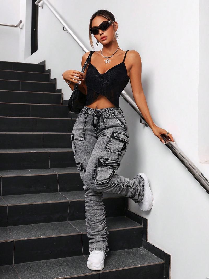 jeans style street folding pockets flap women's ICON SHEIN