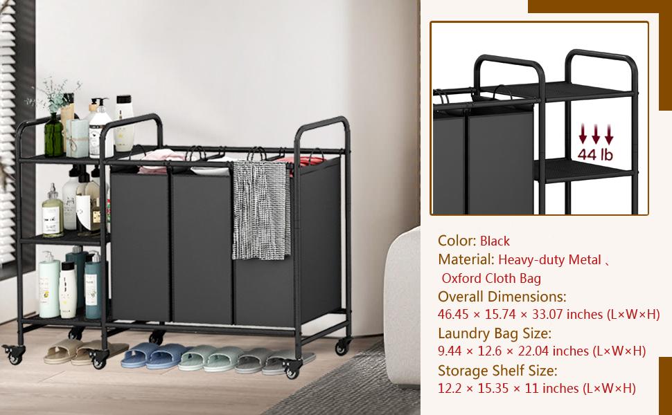 3-Bag Laundry Sorting Trolley with Storage Rack 3-Section Laundry Basket Sorter with 3-Tier Storage Rack with Lockable Rolling Wheels Laundry Separation Basket with Removable Bag for Dirty Clothes Deals For You Days