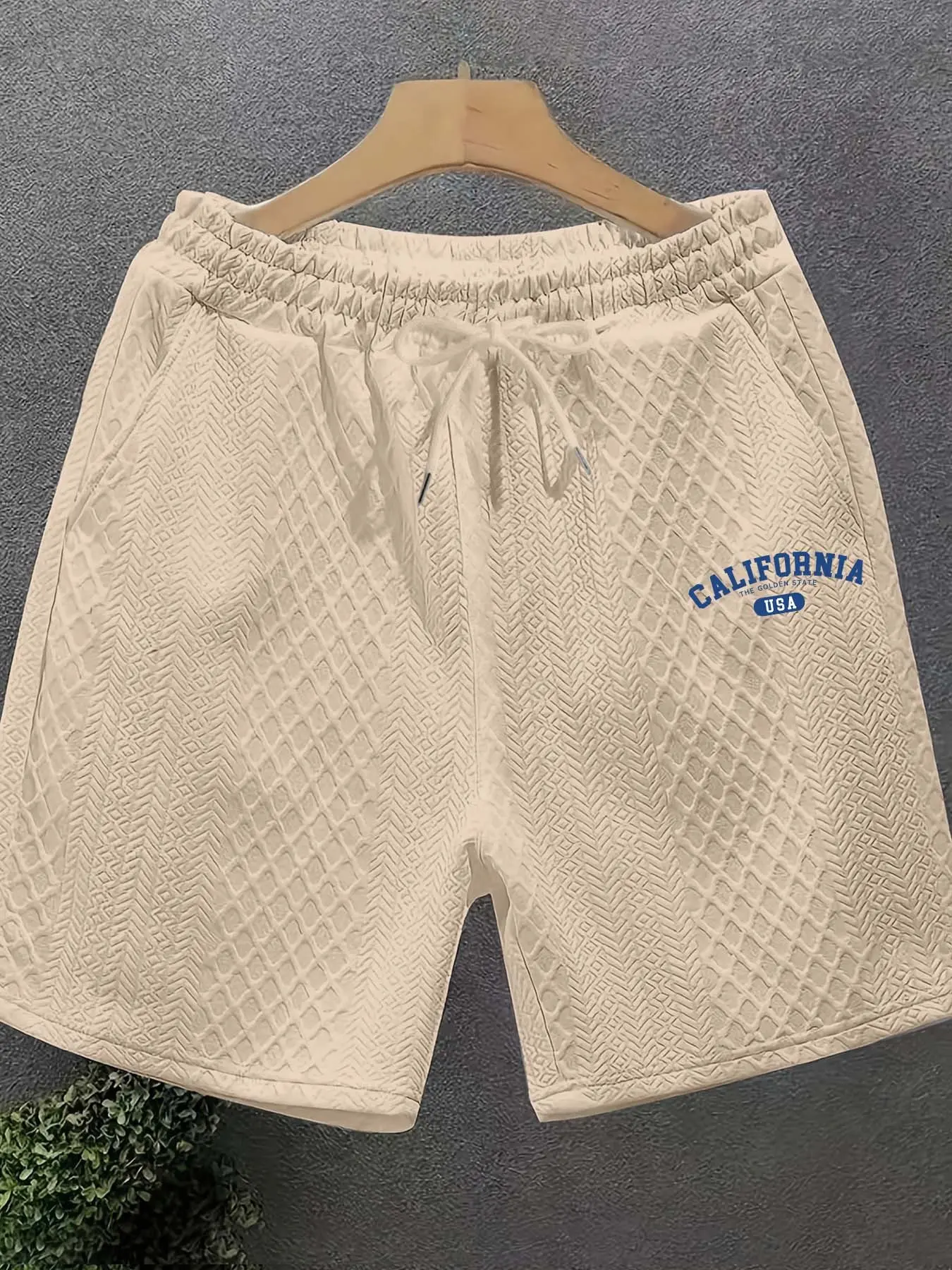 Men's American Vintage Textured Shorts, California Theme Print, Summer Sports Casual Drawstring Waist, Versatile Fit