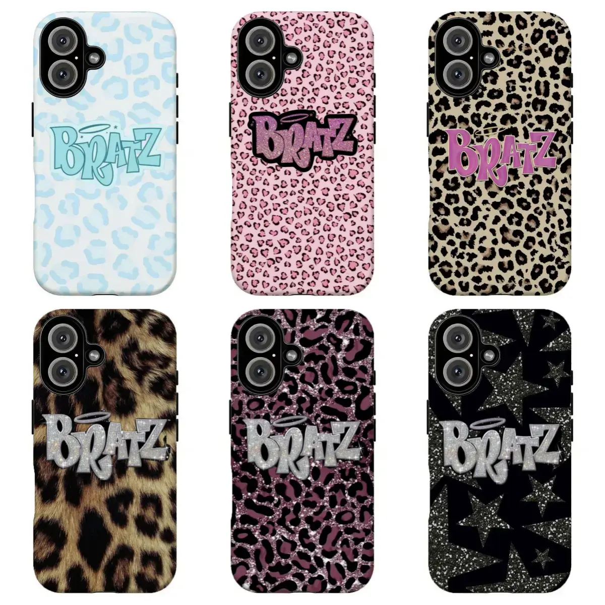 Trendy Bratz Phone Case | Wild Cheetah Skin Glitter Pattern | Chic Cyber Punk Black Star Cover | for iPhone 16/15/14/13/12/11/17 ProMax Plus for Samsung phones, suitable for both men and women,  Perfect Gift for Women Men.A gift for the fans