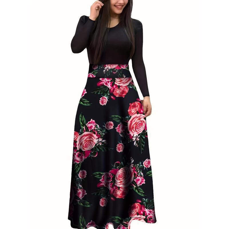 Long Sleeve Elegant Floral Print Maxi Dress, Crew Neck Pleated Women's Clothing Womenswear Geometric
