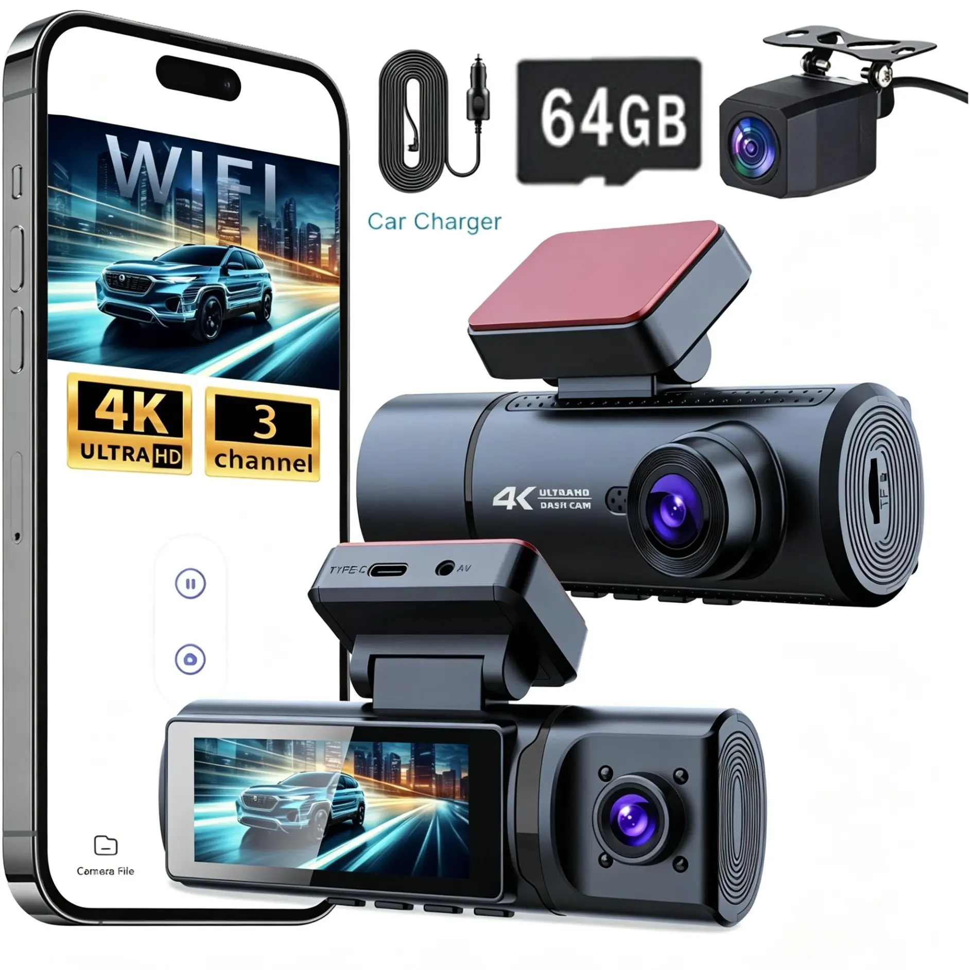 FREE 64G🚗3 Channel 4K Car Dash Cam for Truck & Taxi Drivers | WiFi Connection, Superior Night Vision, G-Sensor Crash Lock + Loop Recording🚗 Non-rechargeable, Comes standard with cigarette lighter power supply