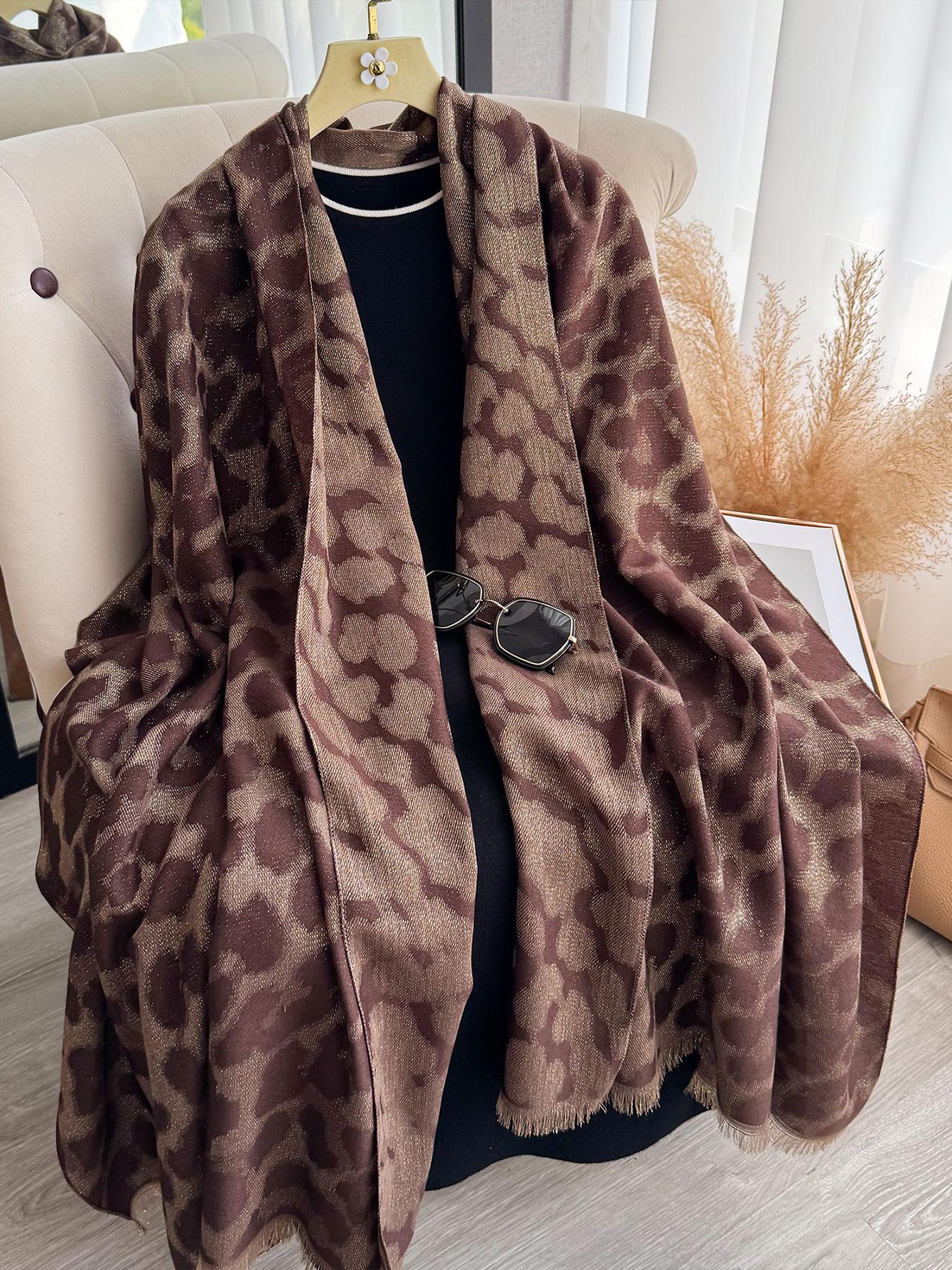 Fringe Edged Leopard Print Scarf, Boho Style Scarf, Fashionable Animal Pattern Shawl for Versatile, Perfect Accessory for All Seasons