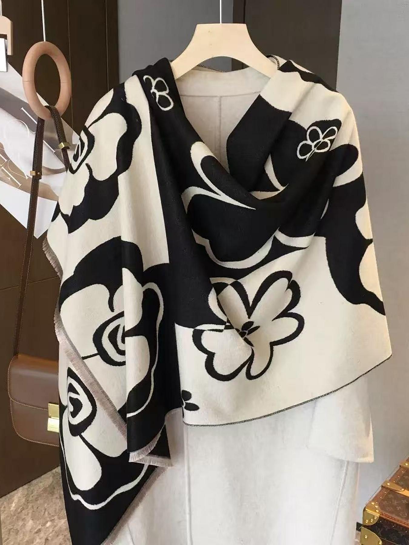 Women's Vintage High-End Plaid Jacquard Knit Scarf, Warm Fashion Accessory for Daily Wear & Air Conditioning Use, Floral Pattern Shawl