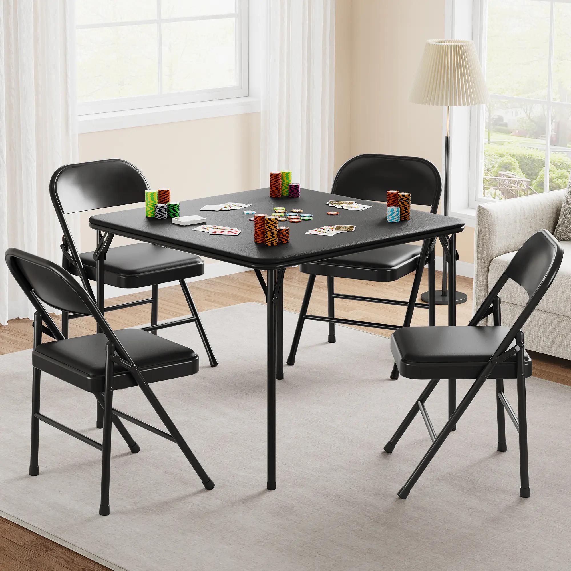 Sturdy Metal Frame Folding Card Table with Soft PU Padded Top, 33.6” Square Waterproof Foldable Table, Zero Installation Needed Lightweight Portable Desk Ideal for Indoor Entertainment and All Kinds of Outdoor Occasions
