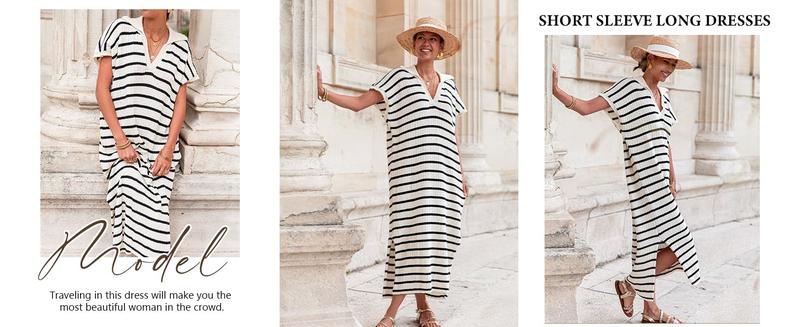Imily Bela Womens Striped Summer Dresses Short Sleeve V Neck Knit Collared Sexy Slit Loose Maxi Sweater Dress