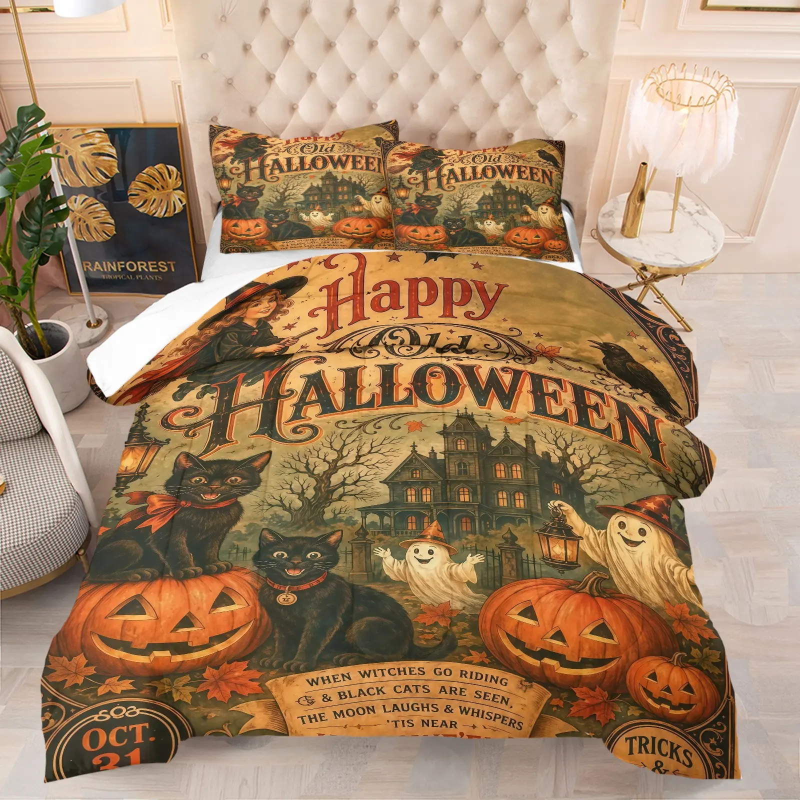 Halloween Themed Bedding Set with Vintage Pumpkin Pattern, Soft Decor for Adult Bedrooms, Great Gift for Friends & Family, Ideal Housewarming & Holiday Present. Includes 1 Quilt and 1 or 2 Pillowcases, Pillow Inserts NOT INCLUDED