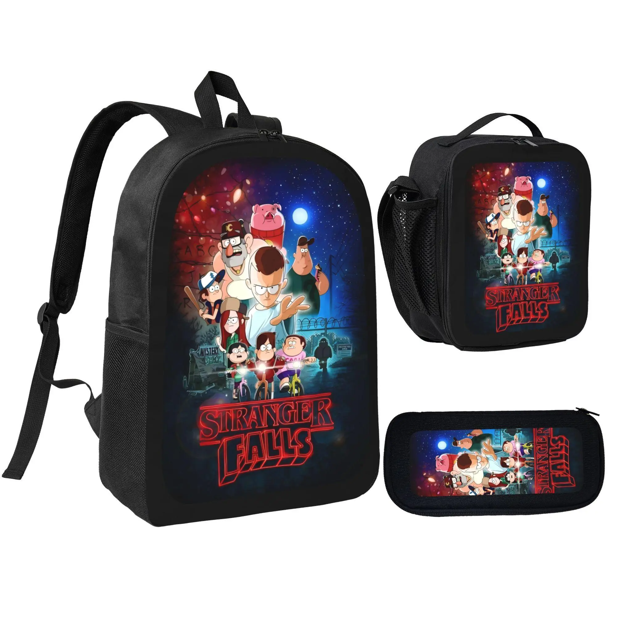 Unisex Youth Stranger Falls Character Art 3-Piece Zip Backpack Set - Organized, No Wheels Backpacks for School, Pencil Case, Lunch Bag for Students, Travel, Theme, Printed, Complete Solution For Students, Daily Use, Stranger Falls Theme, Three-Piece Set