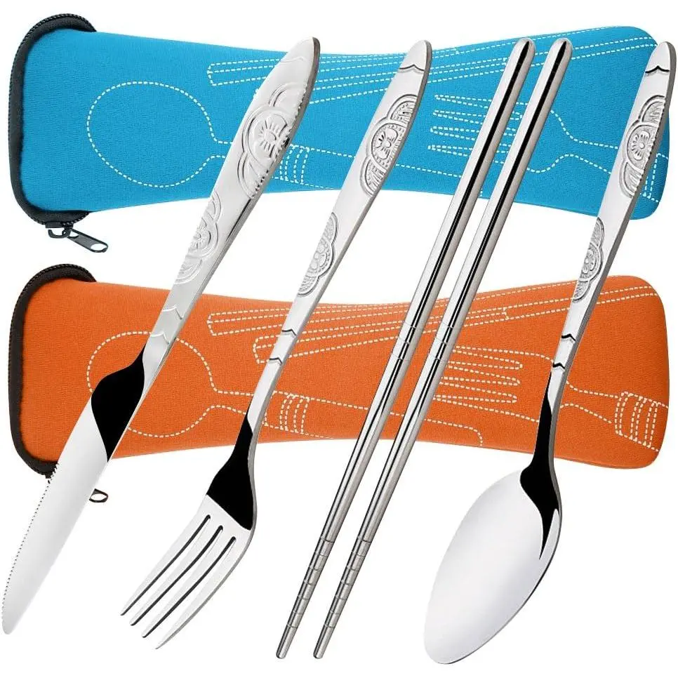 8 Pieces Flatware Sets Knife, Fork, Spoon, Chopsticks, 2 Pack Rustproof Stainless Steel Tableware Dinnerware with Carrying Case for Traveling Camping Picnic Working Hiking,good,Bulk,choice,multi-functional