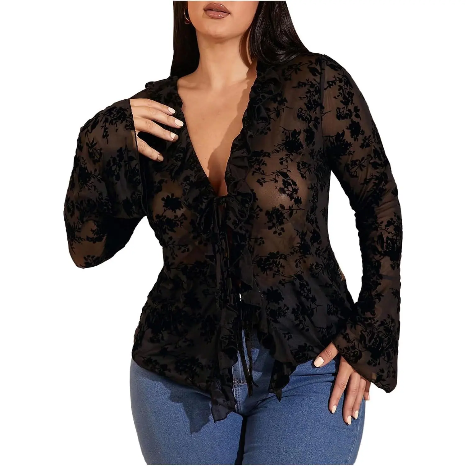 Women's Plus Size Comfortable Floral Lace Sheer Shirt - Tie Front, Long Bell Sleeve Shirt, Skinny-Fit Going Out Top