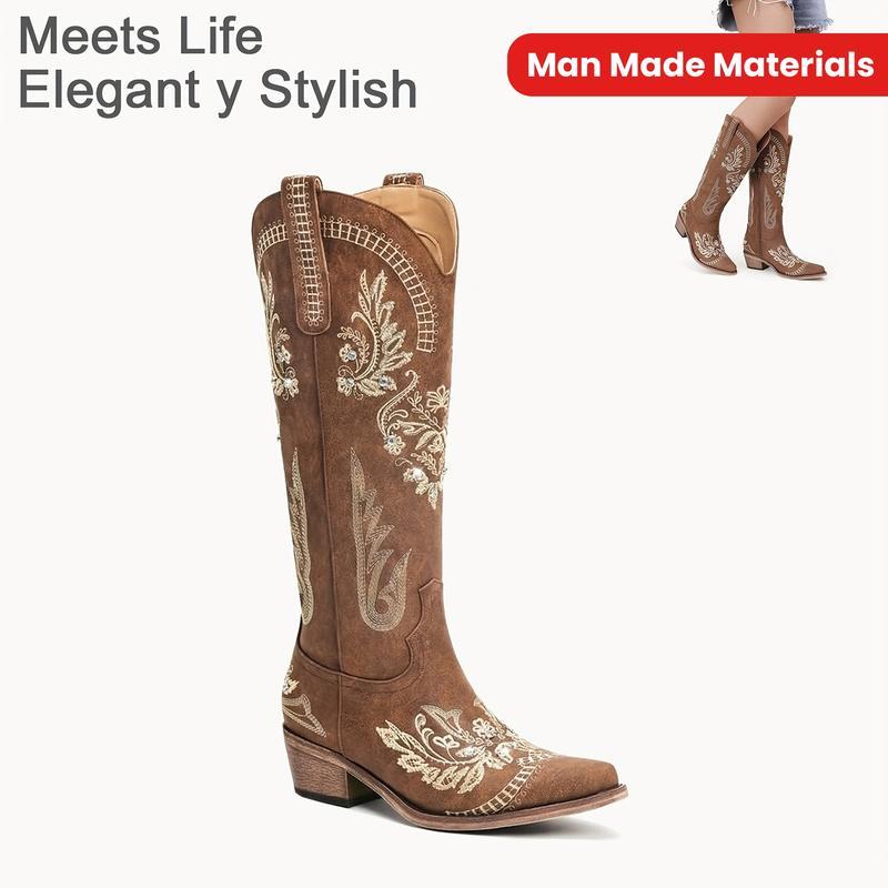 Brown Women's Cowboy Boot-Wide Calf Knee-Length Women Cowboy Boot, Shiny Shiny Rhinestone Western Country Boots, Classic Embroidery, Pointed Zipper Vintage Fashion High Leg Boot