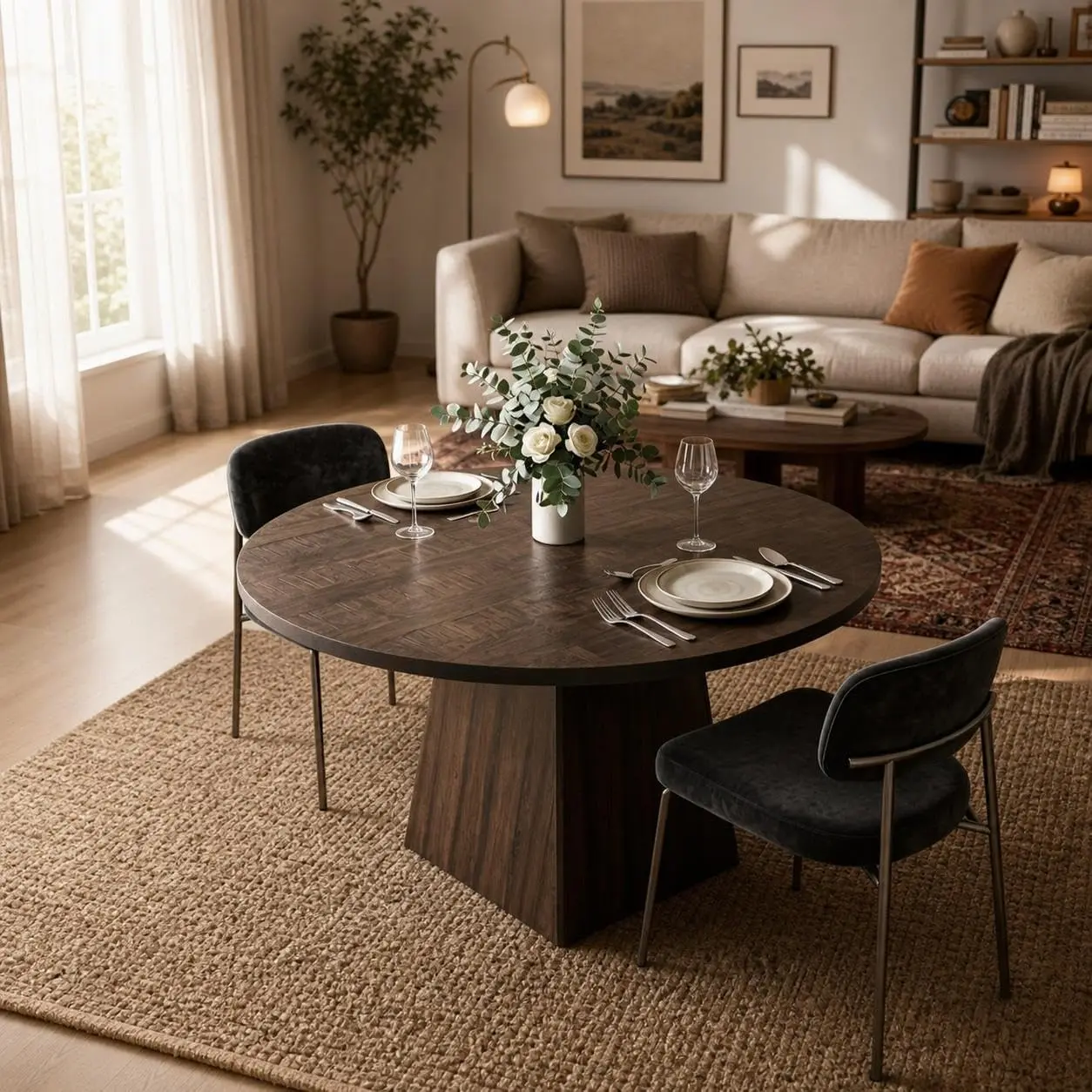 47" Round Dining Table, Wooden Pedestal Base Circle Table, Versatile for Dining Room, Kitchen & Living Room, Fits Farmhouse & Contemporary Decor( No chairs)