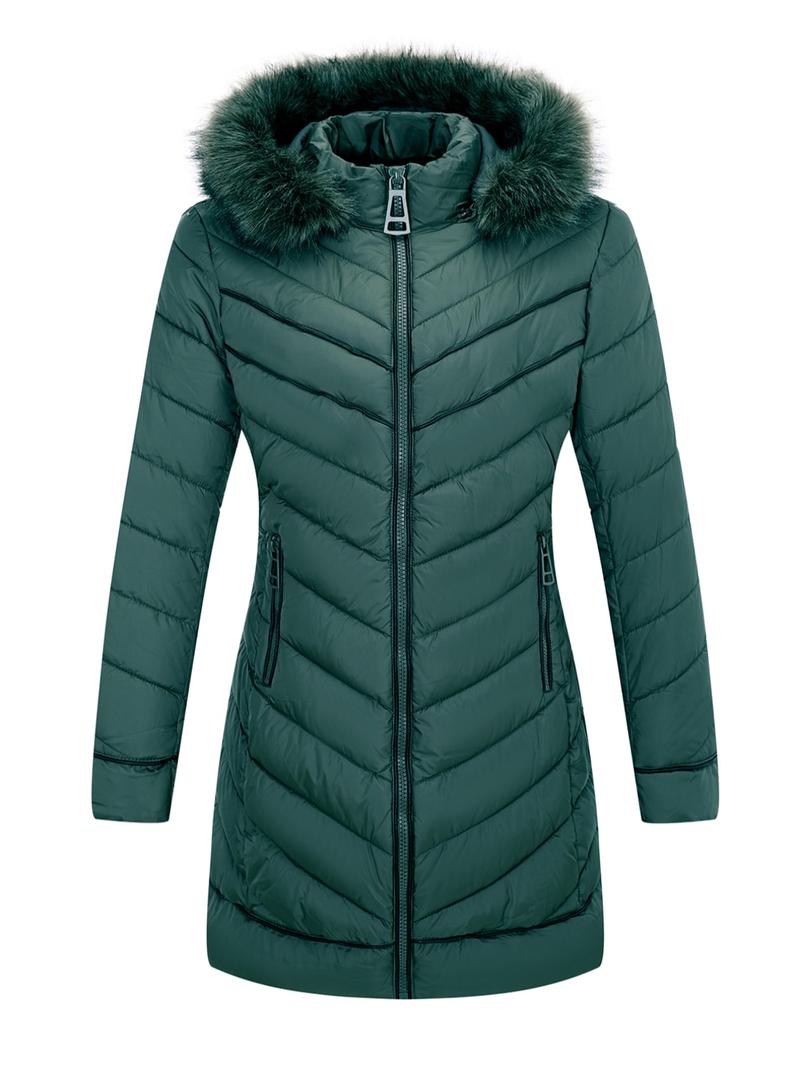 Women's Winter Elegant Simple Hooded Cotton Jacket, Mid-Length Fur Collar Zipper Pocket Coat, Commuter Casual Long Sleeve Outerwear