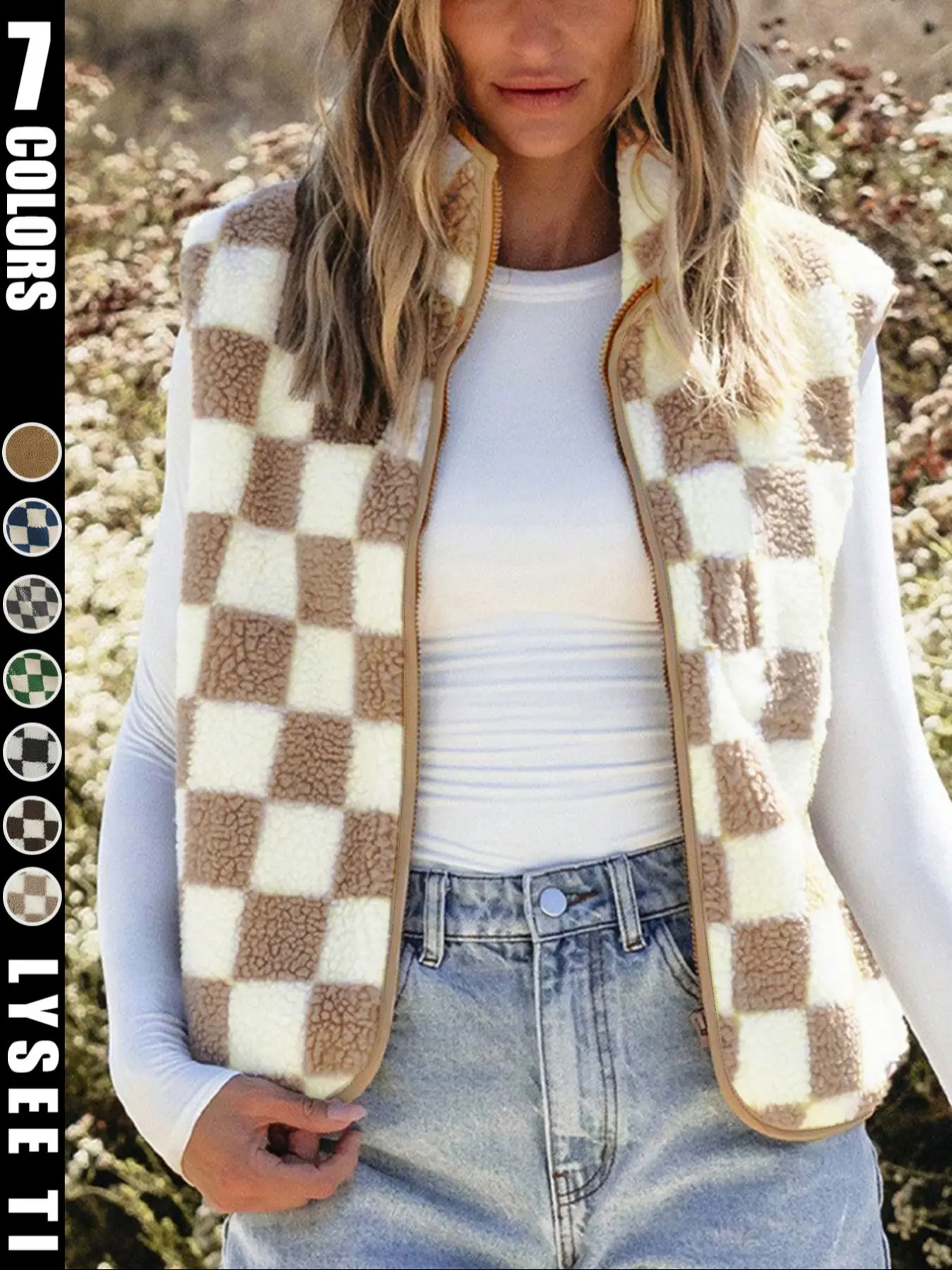 Ins style Aesthetic checkerboard Plaid plush vest women's autumn and winter outerwear short style Casual shoulder retro square grid loose vest jacket top Womenswear Fitted soft vest
